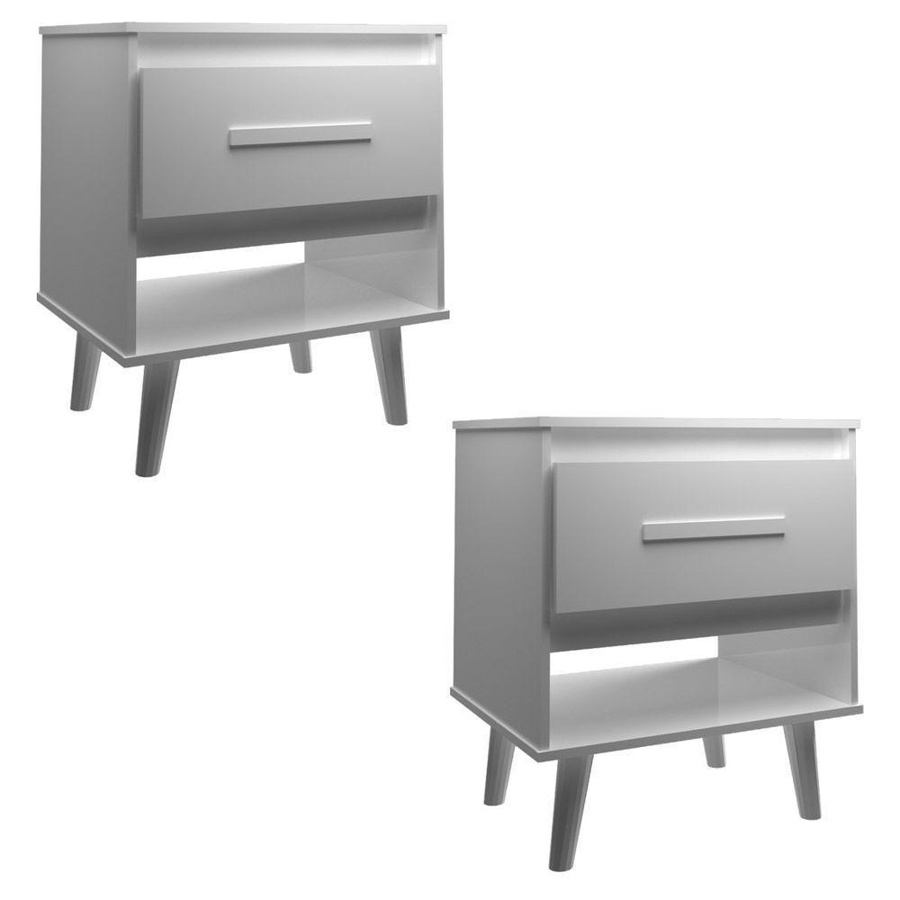 Kit 2 Mesas De Cabeceira 1 Gaveta Com Nicho E Pés Retro Estilo Moderno Para Quarto Branco Mobília Decor - 1