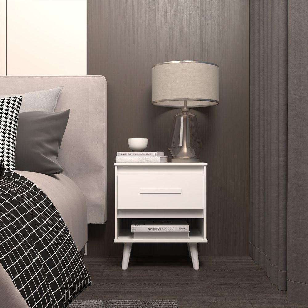Kit 2 Mesas De Cabeceira 1 Gaveta Com Nicho E Pés Retro Estilo Moderno Para Quarto Branco Mobília Decor - 3