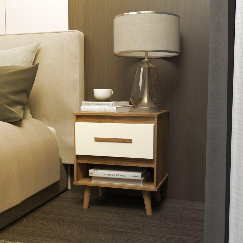 Kit 2 Mesas De Cabeceira 1 Gaveta Com Nicho E Pés Retro Estilo Moderno Para Quarto Savana Mobília Decor - 3