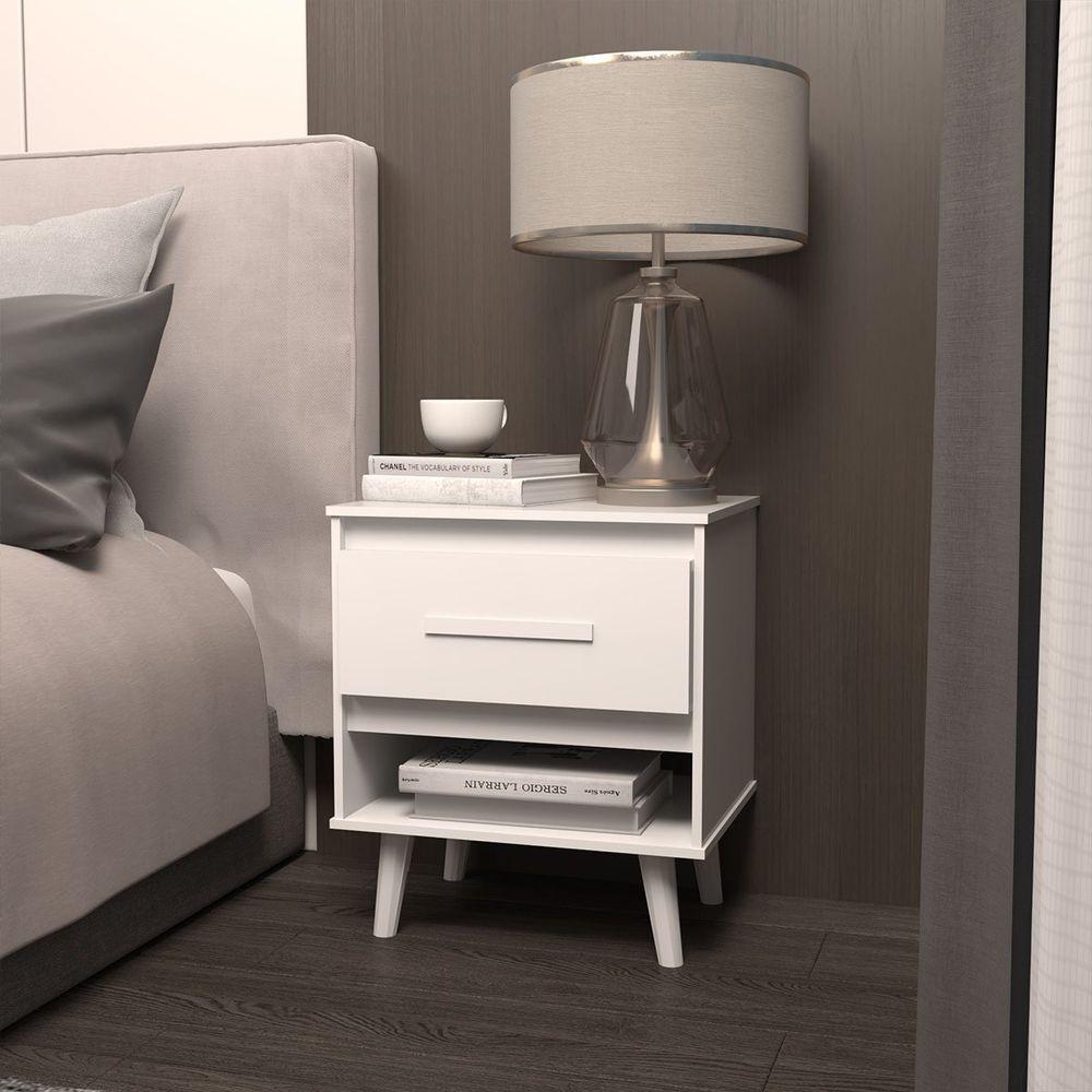 Mesa De Cabeceira 1 Gaveta Com Nicho E Pés Retro Estilo Moderno Para Quarto Branco Mobília Decor - 4