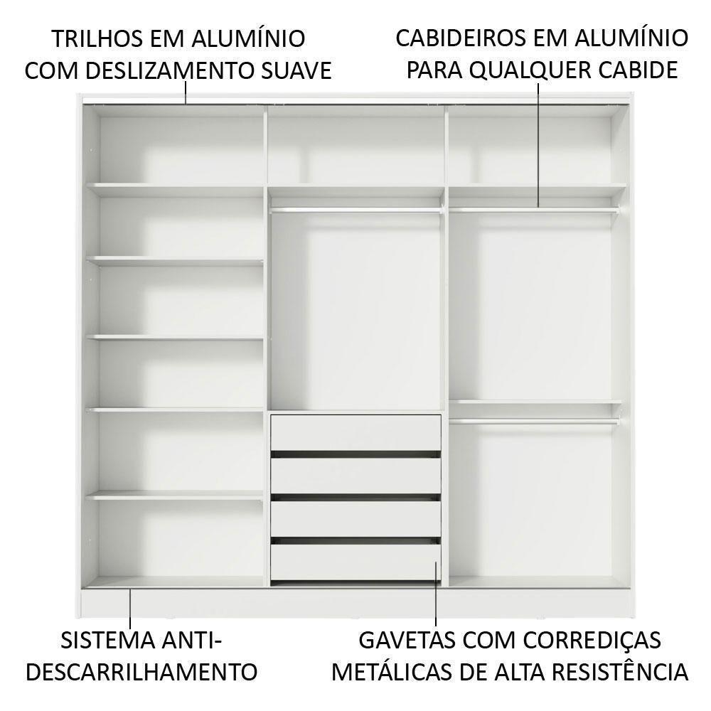 Guarda Roupa Casal 3 Portas de Correr Espelho Branco e Preto - 5