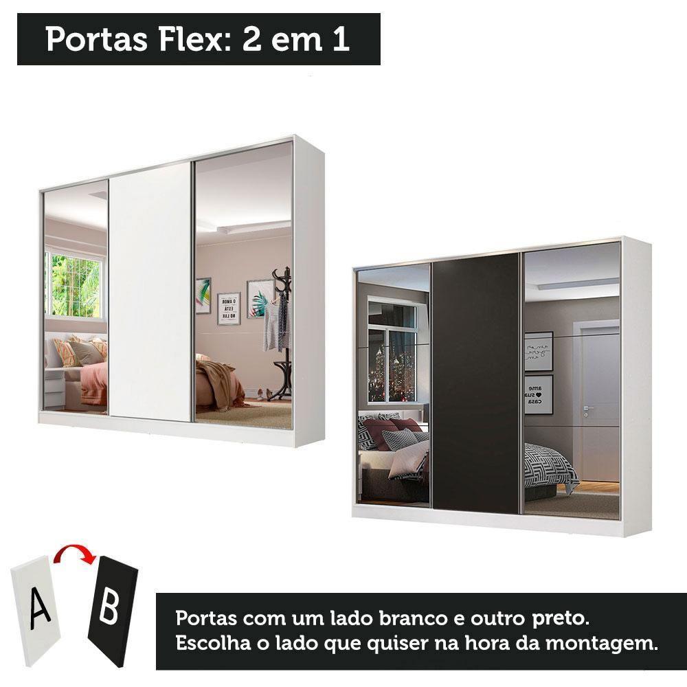 Guarda Roupa Casal 3 Portas de Correr Espelho Branco e Preto - 10