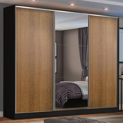 Guarda Roupa Casal Zurique 3 Portas de Correr 4 Gavetas Preto-Rustic MDF