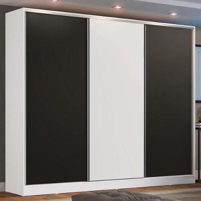 Guarda Roupa Casal Zurique 3 Portas de Correr 4 Gavetas Branco-preto-branco Branco-preto