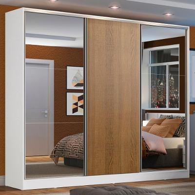 Guarda Roupa Casal Zurique 3 Portas de Correr 4 Gavetas Branco-Rustic MDF