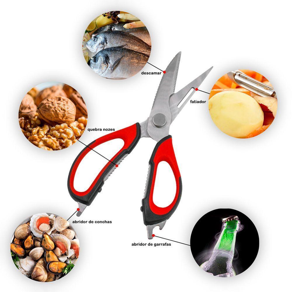 Tesoura Culinaria P/ Casa Cozinha Corta Desossa Limpa Peixe Carne Frango 6 Em 1 Cor:vermelho - 4