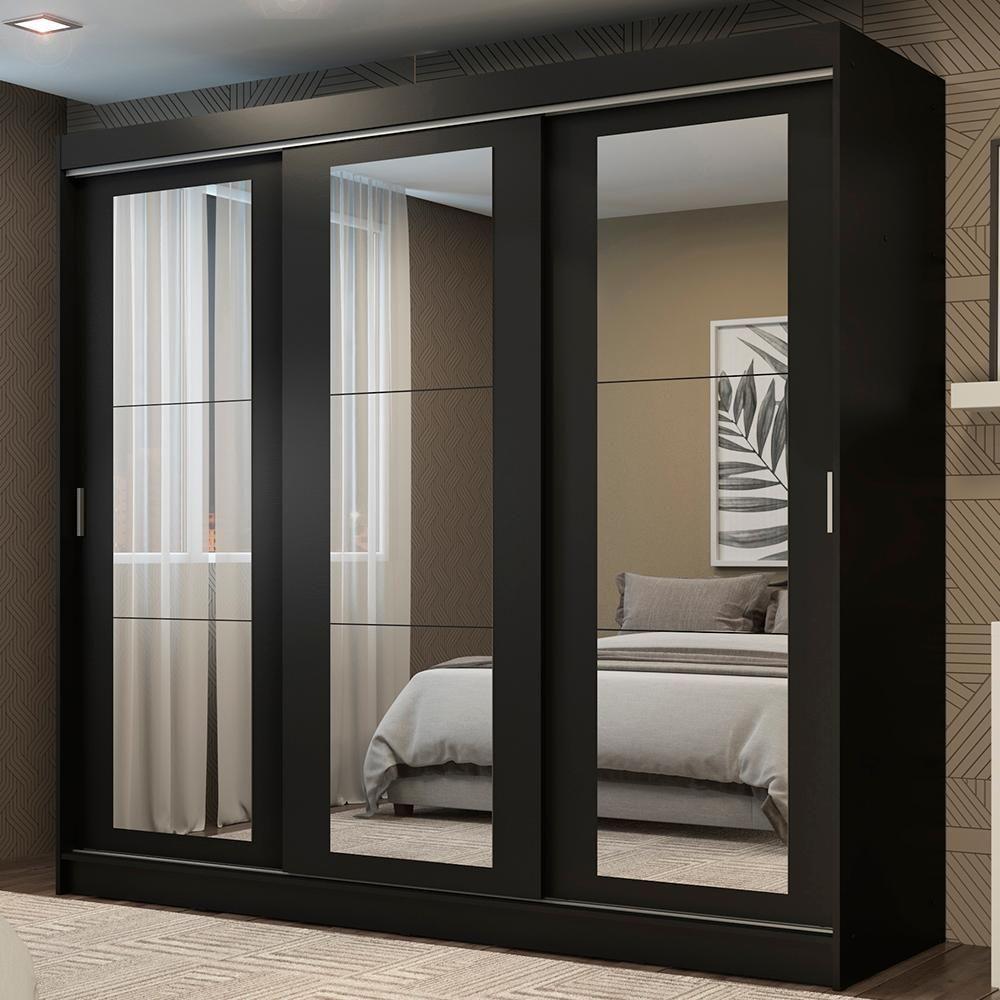 Guarda-roupa Casal Kansas 3 Portas de Correr de Espelho 3 Gavetas Preto Madesa - 1