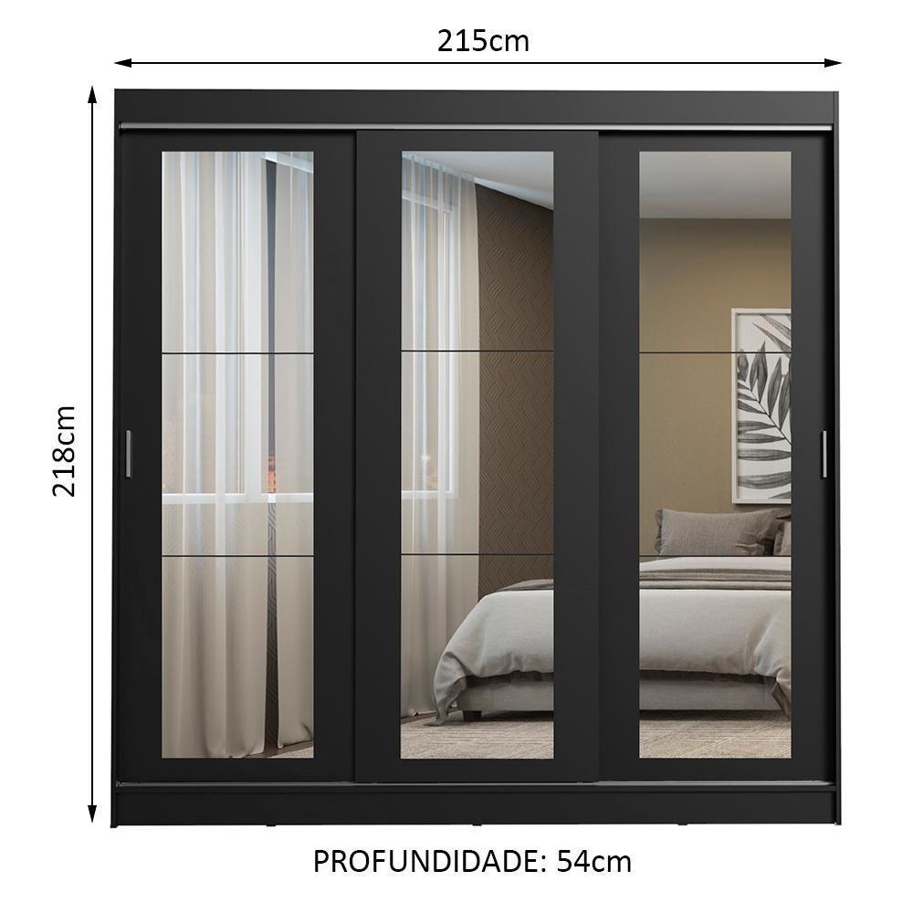 Guarda-roupa Casal Kansas 3 Portas de Correr de Espelho 3 Gavetas Preto Madesa - 5