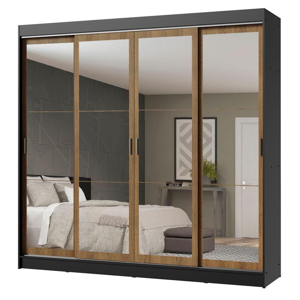 Guarda-roupa Austin 4 Portas de Espelho 3 Gavetas Preto - 2