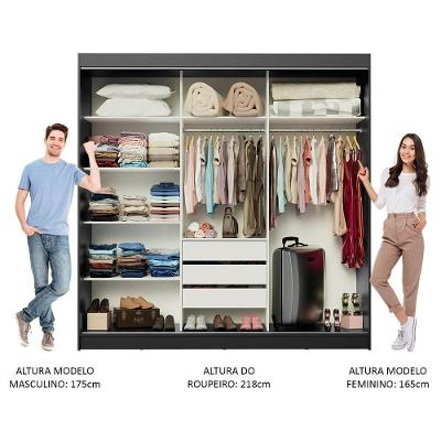 Guarda Roupa Casal Austin 4 Portas de Correr 3 Gavetas Preto-rustic