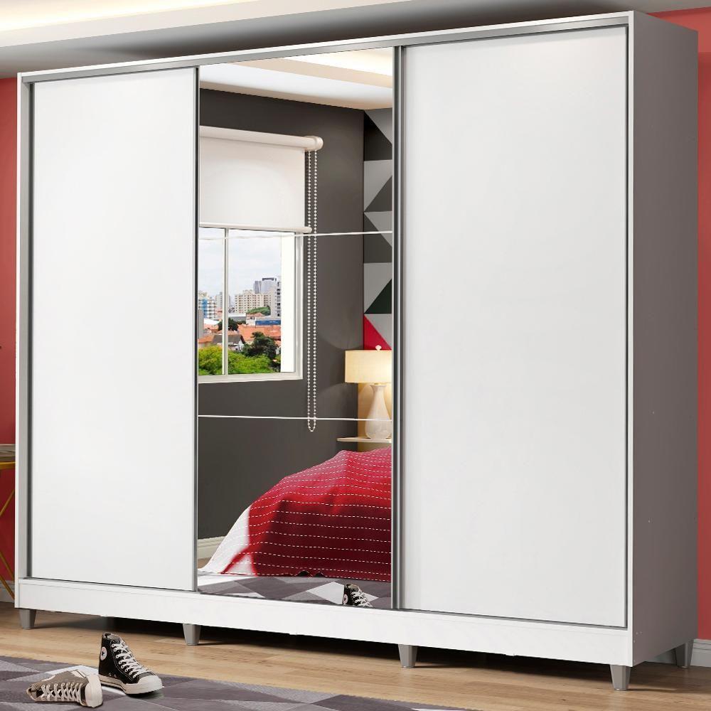Guarda Roupa Juvenil 100% Mdf Madesa Kevin 3 Portas De Correr Com Espelho Com Pés - Branco - 1