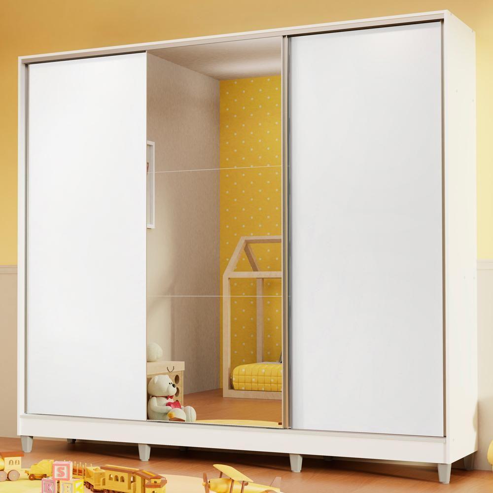 Guarda Roupa Infantil 100% Mdf Madesa Logan 3 Portas De Correr Com Espelho Com Pés - Branco - 9