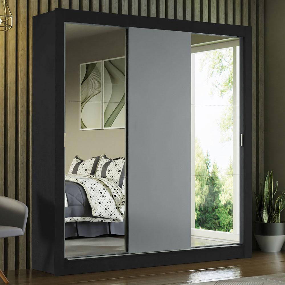 Guarda-roupa Casal 3 Portas Com Espelhos Preto/Cinza - 1