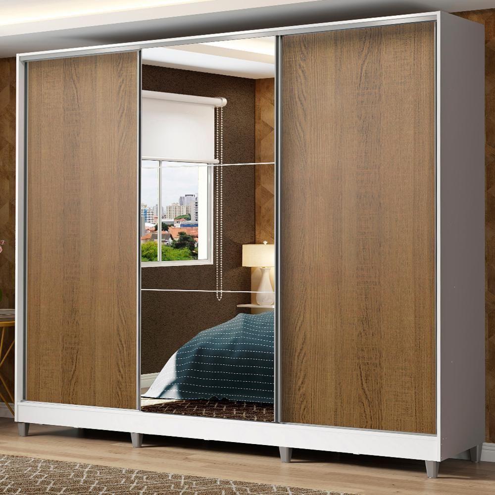 Guarda Roupa Casal 100% Mdf Madesa Zurique 3 Portas De Correr Com Espelho Com Pés - Branco/rustic - 1