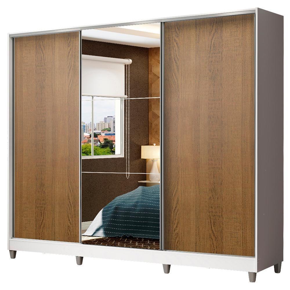 Guarda Roupa Casal 100% Mdf Madesa Zurique 3 Portas De Correr Com Espelho Com Pés - Branco/rustic - 2