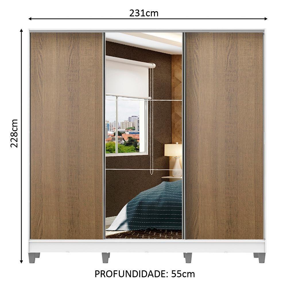 Guarda Roupa Casal 100% Mdf Madesa Zurique 3 Portas De Correr Com Espelho Com Pés - Branco/rustic - 3