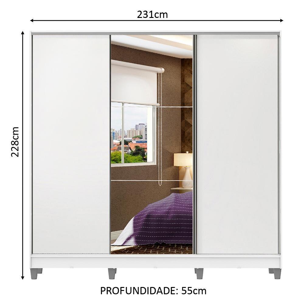 Guarda Roupa Casal 100% Mdf Madesa Zurique 3 Portas De Correr Com Espelho Com Pés - Branco - 2
