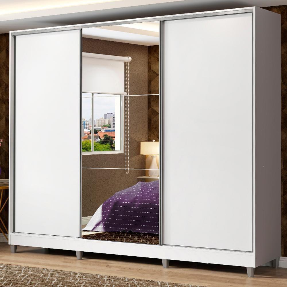 Guarda Roupa Casal 100% Mdf Madesa Zurique 3 Portas De Correr Com Espelho Com Pés - Branco - 5