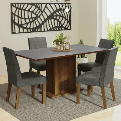 Kit Sala de Jantar Keila 4 Lugares Tampo em MDP com Cadeiras Suede Rustic Cinza Silver