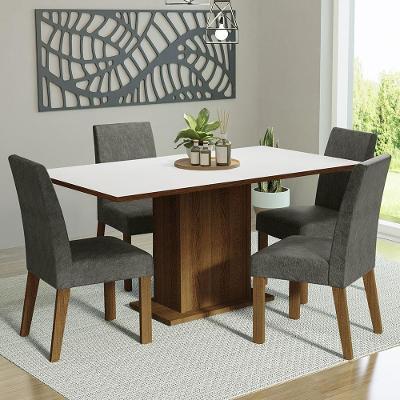Conjunto Sala de Jantar Keila 4 Lugares Mesa em MDP com Cadeiras Suede Rustic Branco Silver