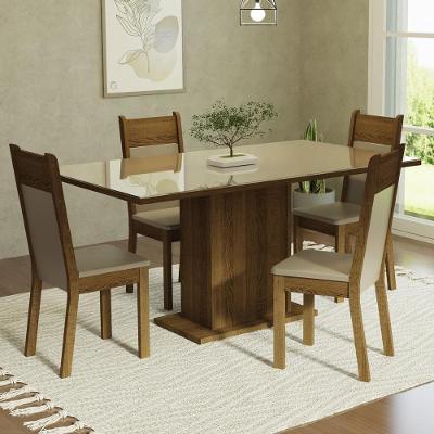 Conjunto Sala de Jantar Greta 4 Lugares Mesa com Tampo de Vidro e Cadeiras Estofadas Crema Rustic