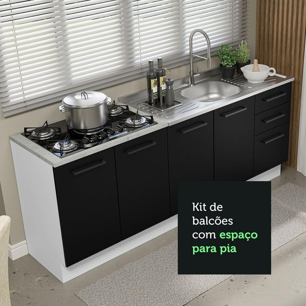 Kit Com 2 Balcões De Cozinha 3 Gavetas 4 Portas Branco preto - 6