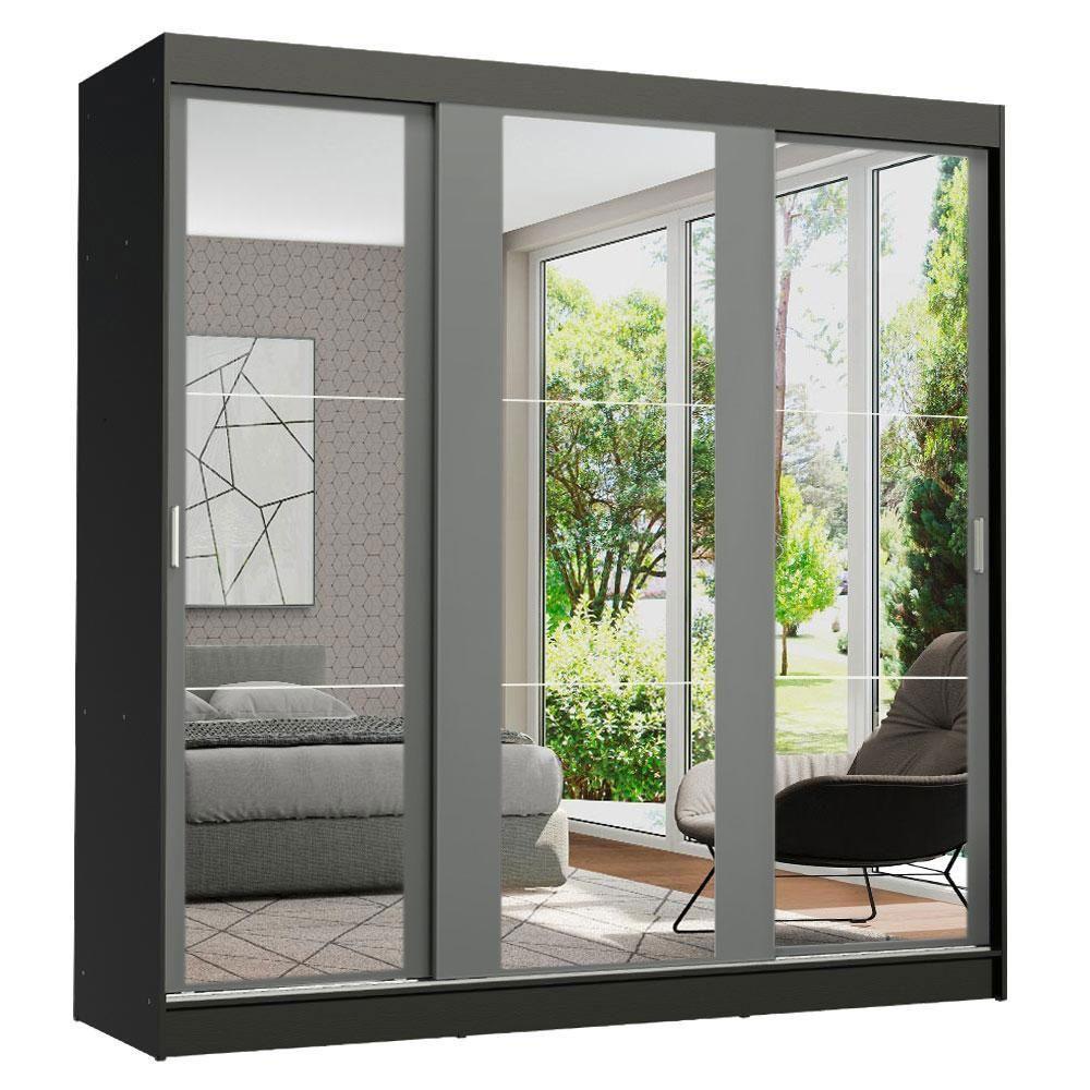 Guarda-roupa Madesa Reno 3 Portas Correr Espelho Preto Cinza - 1