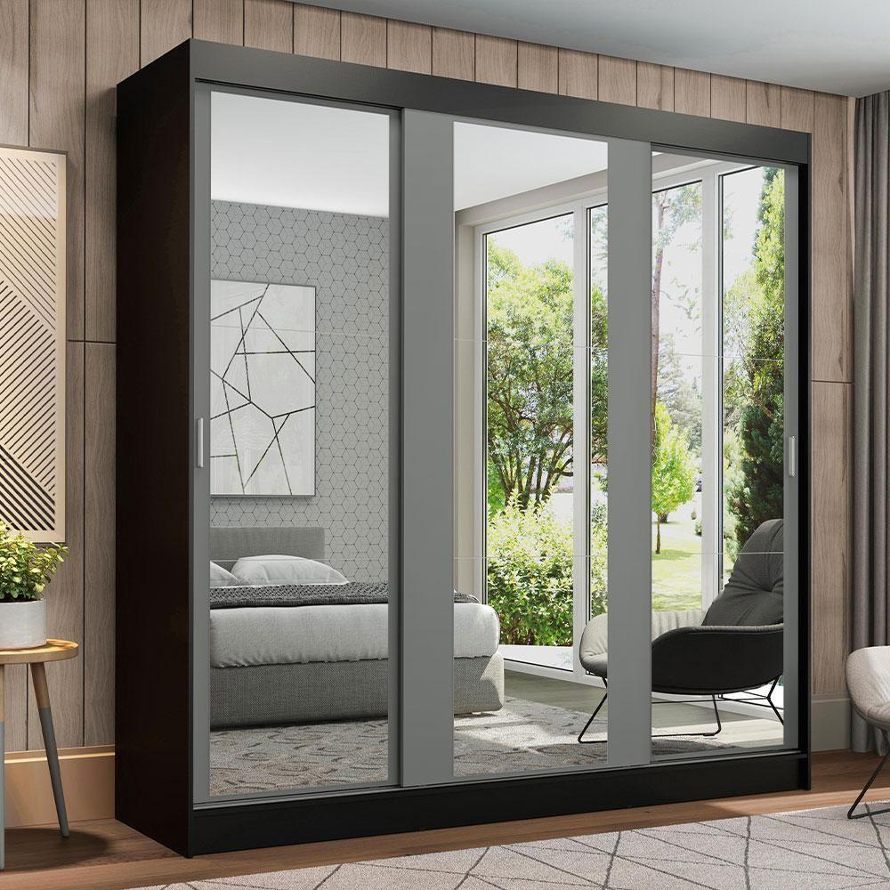 Guarda-roupa Madesa Reno 3 Portas Correr Espelho Preto Cinza - 5