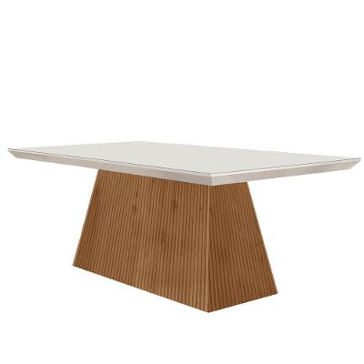 Mesa para Sala de Jantar Aida Retangular Vidro 180cm Off White Imbuia Ripado