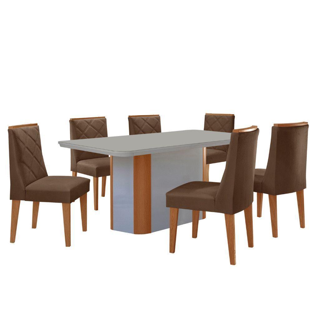 Conjunto Mesa Jantar Isadora 180cm 6 Cadeiras Isadora Moderna Mobília Veludo Marrom Off White Naturale - 1