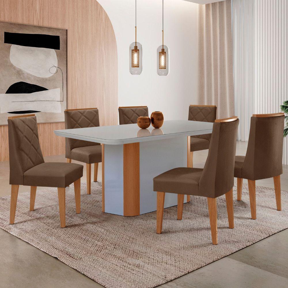 Conjunto Mesa Jantar Isadora 180cm 6 Cadeiras Isadora Moderna Mobília Veludo Marrom Off White Naturale - 2