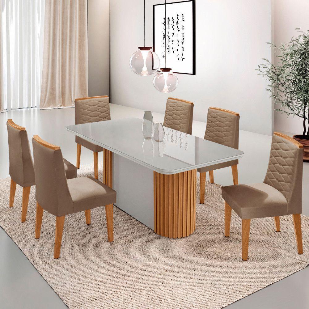 Mesa Jantar Aspen Tampo Mdf Vidro 6 Cadeiras Eloise Moderna Veludo Capuccino Off White Naturale - 2