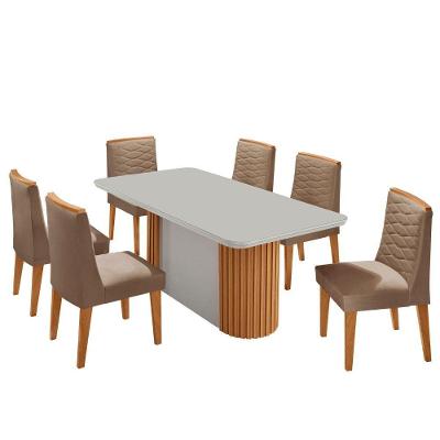 Mesa Jantar Aspen Tampo Mdf Vidro 6 Cadeiras Eloise Moderna Veludo Capuccino Off White Naturale