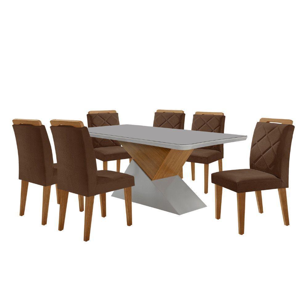 Mesa Sala De Jantar Aster 180cm E 6 Cadeiras Melissa Moderna Veludo Marrom/off White/imbuia - 2