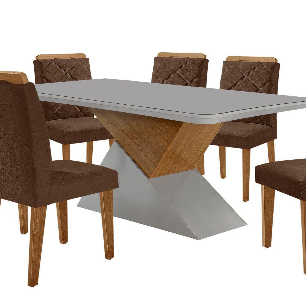 Mesa Sala De Jantar Aster 180cm E 6 Cadeiras Melissa Moderna Veludo Marrom/off White/imbuia - 7