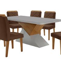 Mesa Sala De Jantar Aster 180cm E 6 Cadeiras Melissa Moderna Veludo Marrom/off White/imbuia - 7