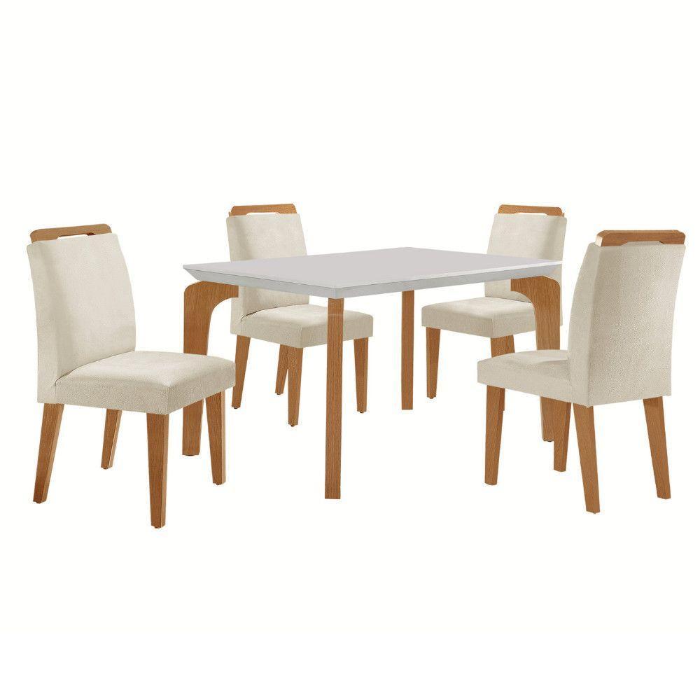 Conjunto Mesa Liz 120cm Com 4 Cadeiras Athenas Moderna Veludo Creme Off White Imbuia - 1