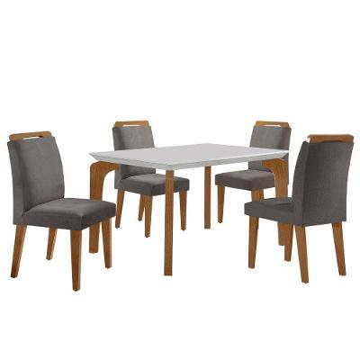 Conjunto Mesa Liz 120cm Com Vidro 4 Cadeiras Athenas Moderna Veludo Grafite Off White Imbuia