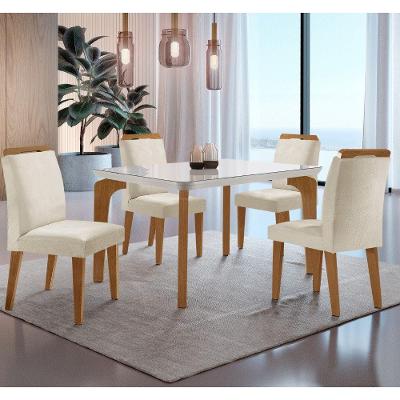Conjunto Mesa Liz 120cm Com Vidro Cp 4 Cadeiras Athenas Moderna Veludo Creme Off White Imbuia