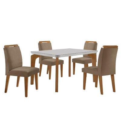 Conjunto Mesa Liz 120cm Com Vidro Cp 4 Cadeiras Athenas Moderna Veludo Capuccino Off White Imbuia