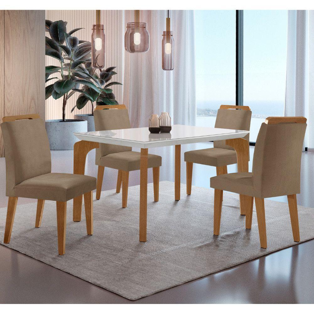 Conjunto Mesa Liz 120cm Com Vidro 4 Cadeiras Athenas Moderna Veludo Capuccino Off White Imbuia - 1