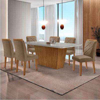Mesa de Jantar Aida 6 Lugares Tampo de Vidro com Cadeiras Melissa Veludo Capuccino Off White Imbuia