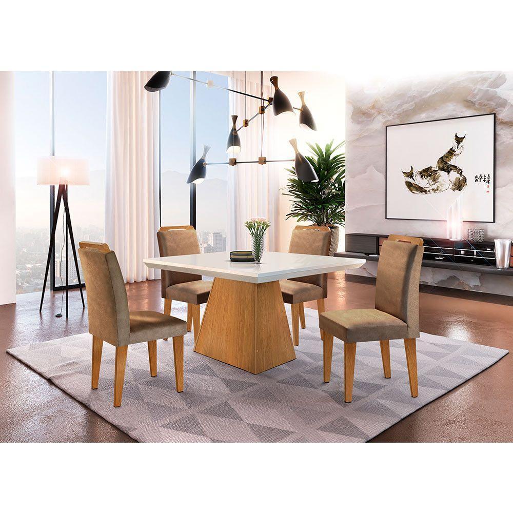 Sala De Jantar Aida 90 Tp Mdf Canto Reto Com 4 Cadeiras Rufa Off White/imbuia/animalle Chocolate - 1