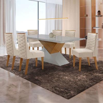 Mesa de Jantar Aster 6 Lugares Tampo de Vidro com Cadeiras Safira Veludo Creme 180cm