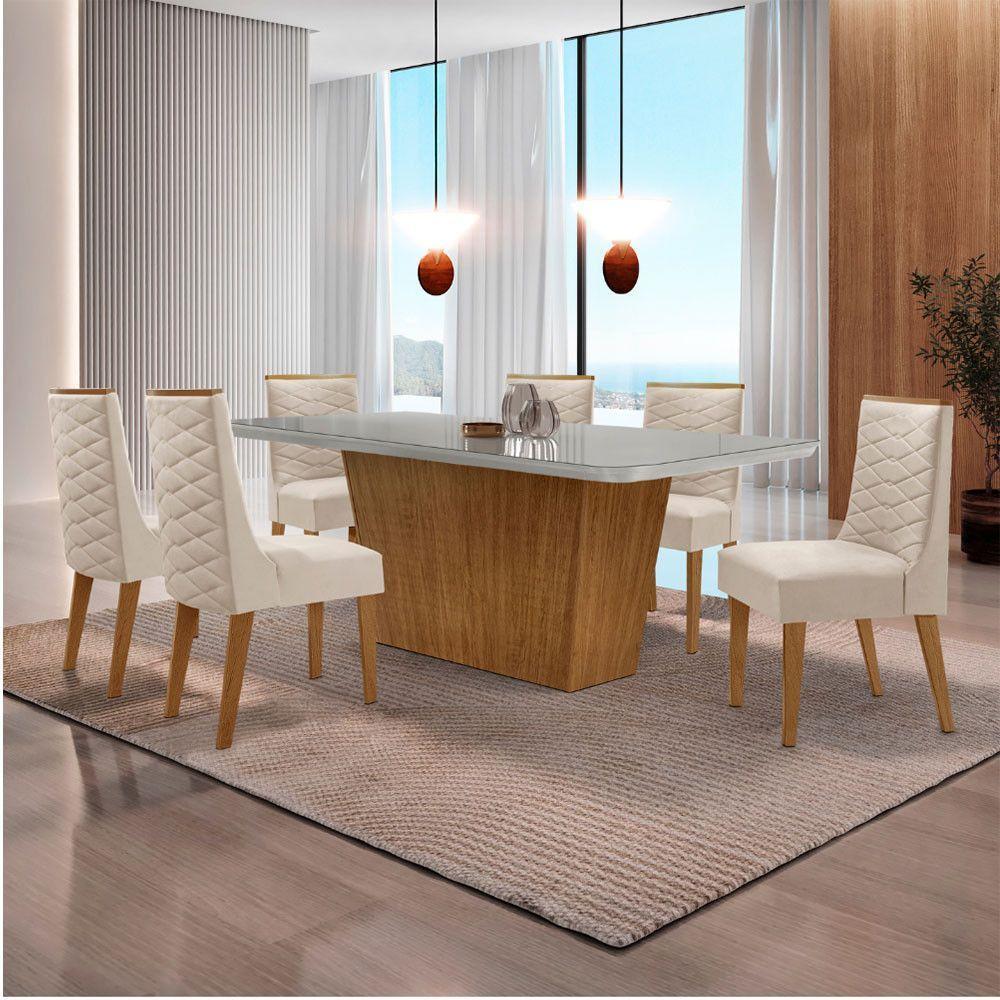 Mesa Sala De Jantar Aida 180cm E 6 Cadeiras Safira Moderna Veludo Creme/off White/imbuia - 1