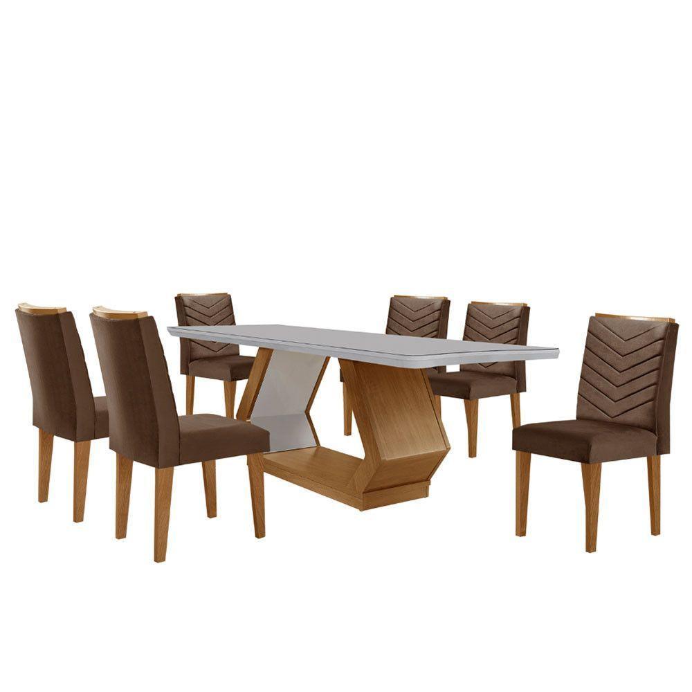Mesa De Jantar Alvorada 180cm Com 6 Cadeiras Liz Moderna Veludo Marrom/off White/imbuia - 2