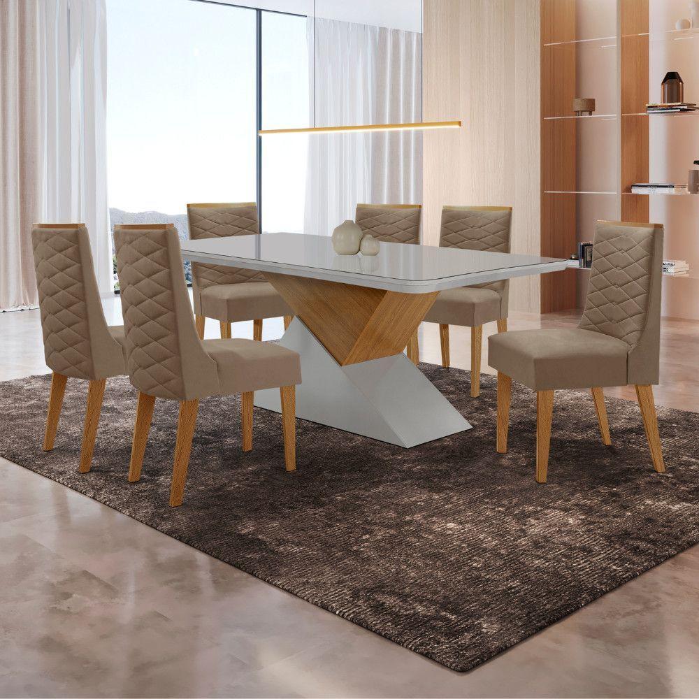 Mesa Sala De Jantar Aster 180cm E 6 Cadeiras Safira Moderna Veludo Capuccino Off White Imbuia - 1