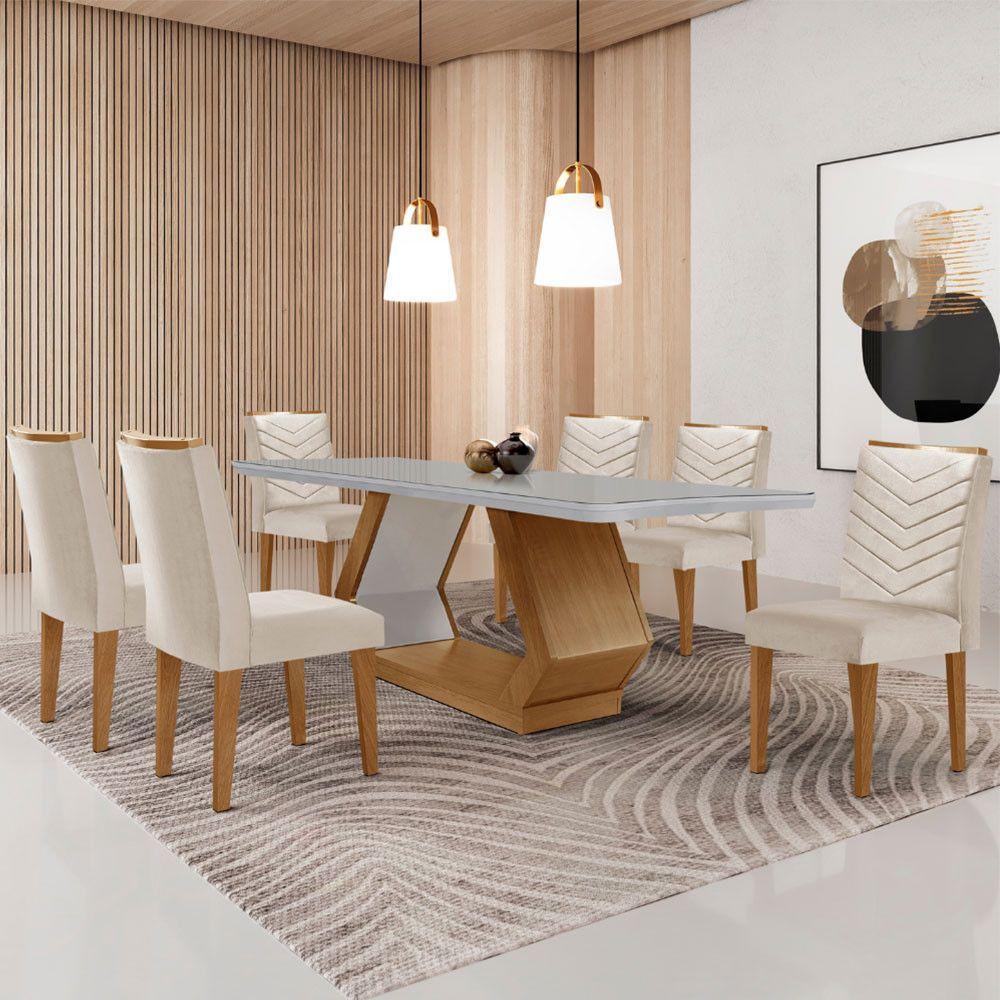 Mesa De Jantar Alvorada 180cm Com 6 Cadeiras Liz Moderna Veludo Creme/off White/imbuia - 1