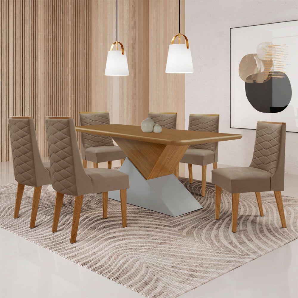 Mesa Sala De Jantar Aster 180cm E 6 Cadeiras Safira Moderna Veludo Capuccino Off White Imbuia - 1