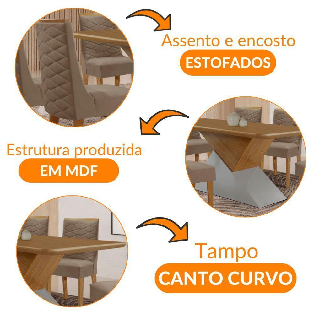 Mesa Sala De Jantar Aster 180cm E 6 Cadeiras Safira Moderna Veludo Capuccino Off White Imbuia - 6
